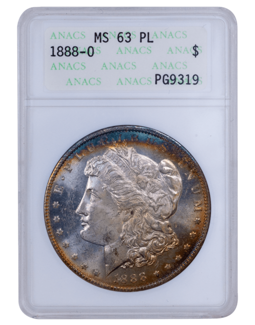 1888-O Morgan Silver Dollar ANACS MS63 PL Soapbox